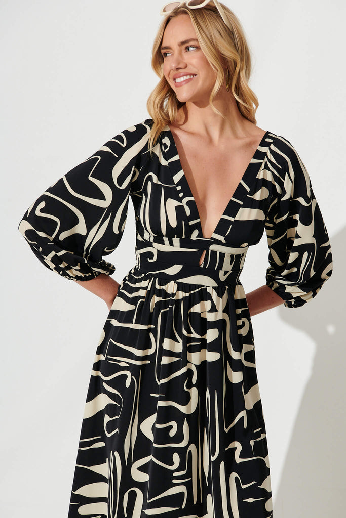 Melski Maxi Dress In Black With Cream Swirl Print - front