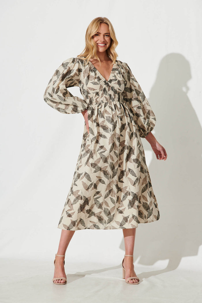 Tobago Midi Dress In Black Autumn Leaf Print Cotton Linen - full length