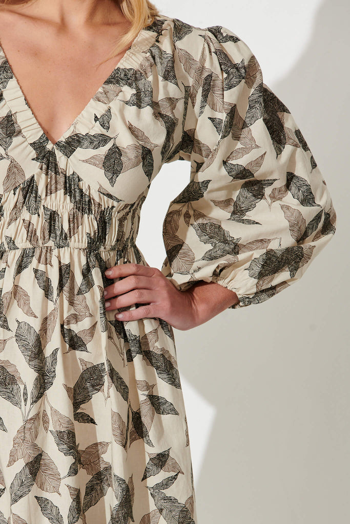 Tobago Midi Dress In Black Autumn Leaf Print Cotton Linen - detail