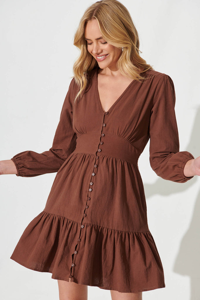 Silverstone Dress In Chocolate Brown Cotton - front