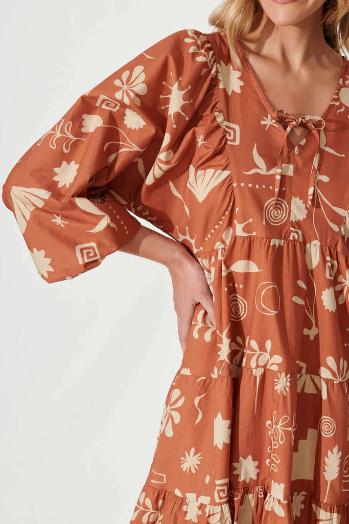 Hadid Dress In Tan With Cream Print Cotton - detail