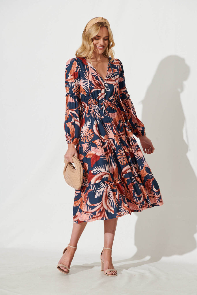 Ti Amo Midi Dress In Navy With Rust Floral Print - full length