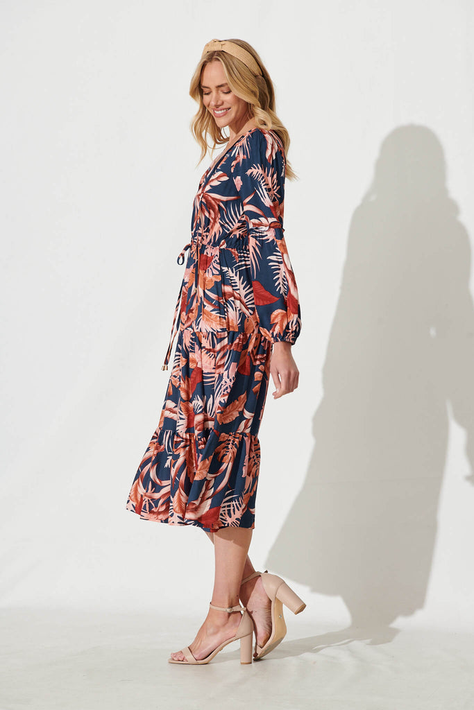 Ti Amo Midi Dress In Navy With Rust Floral Print - side