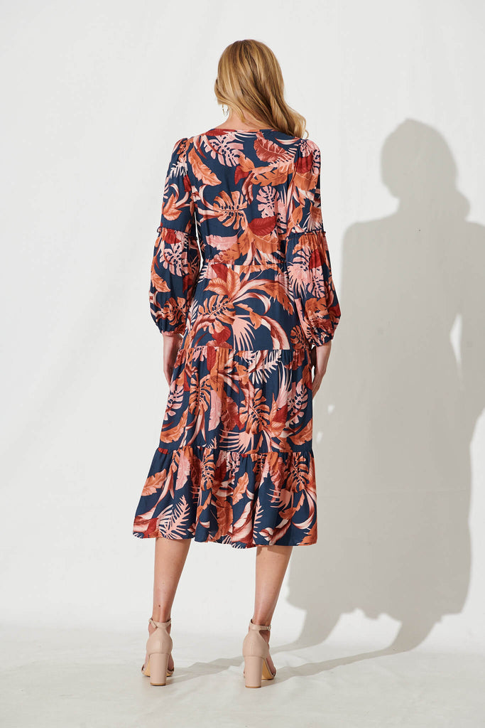 Ti Amo Midi Dress In Navy With Rust Floral Print - back
