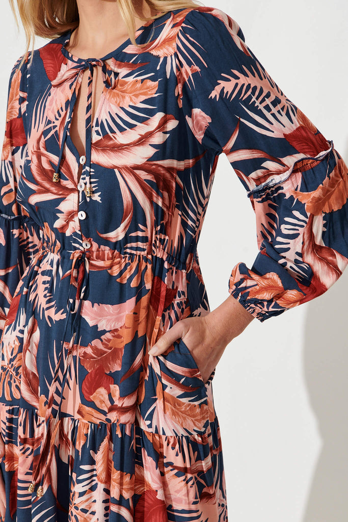 Ti Amo Midi Dress In Navy With Rust Floral Print - detail