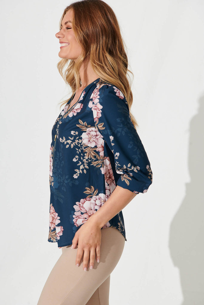 Viviani Zip Top In Teal With Blush Floral - side