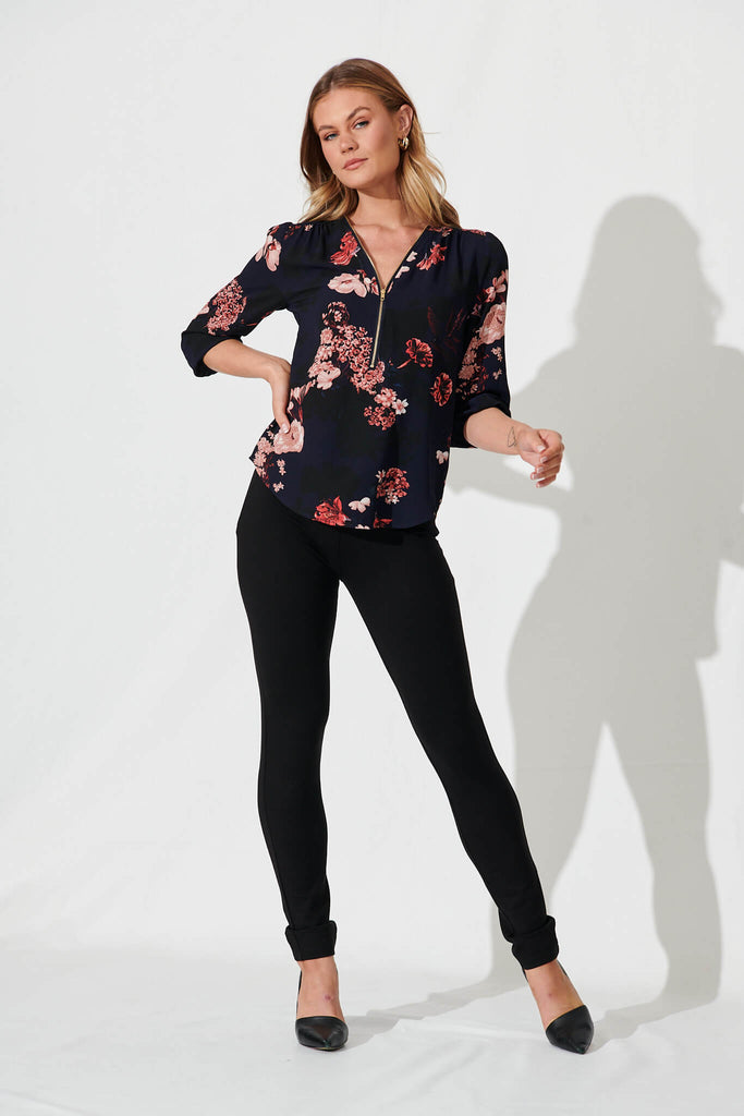 Viviani Zip Top In Navy With Pink And Blush Floral - full length