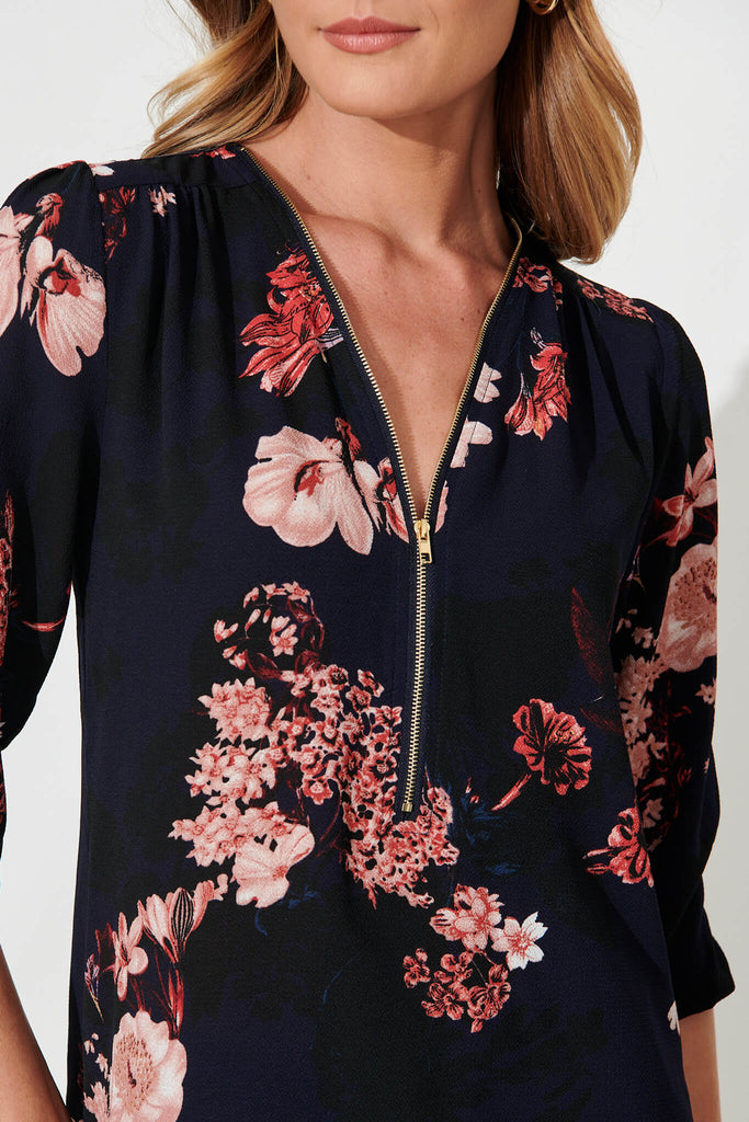 Viviani Zip Top In Navy With Pink And Blush Floral - detail