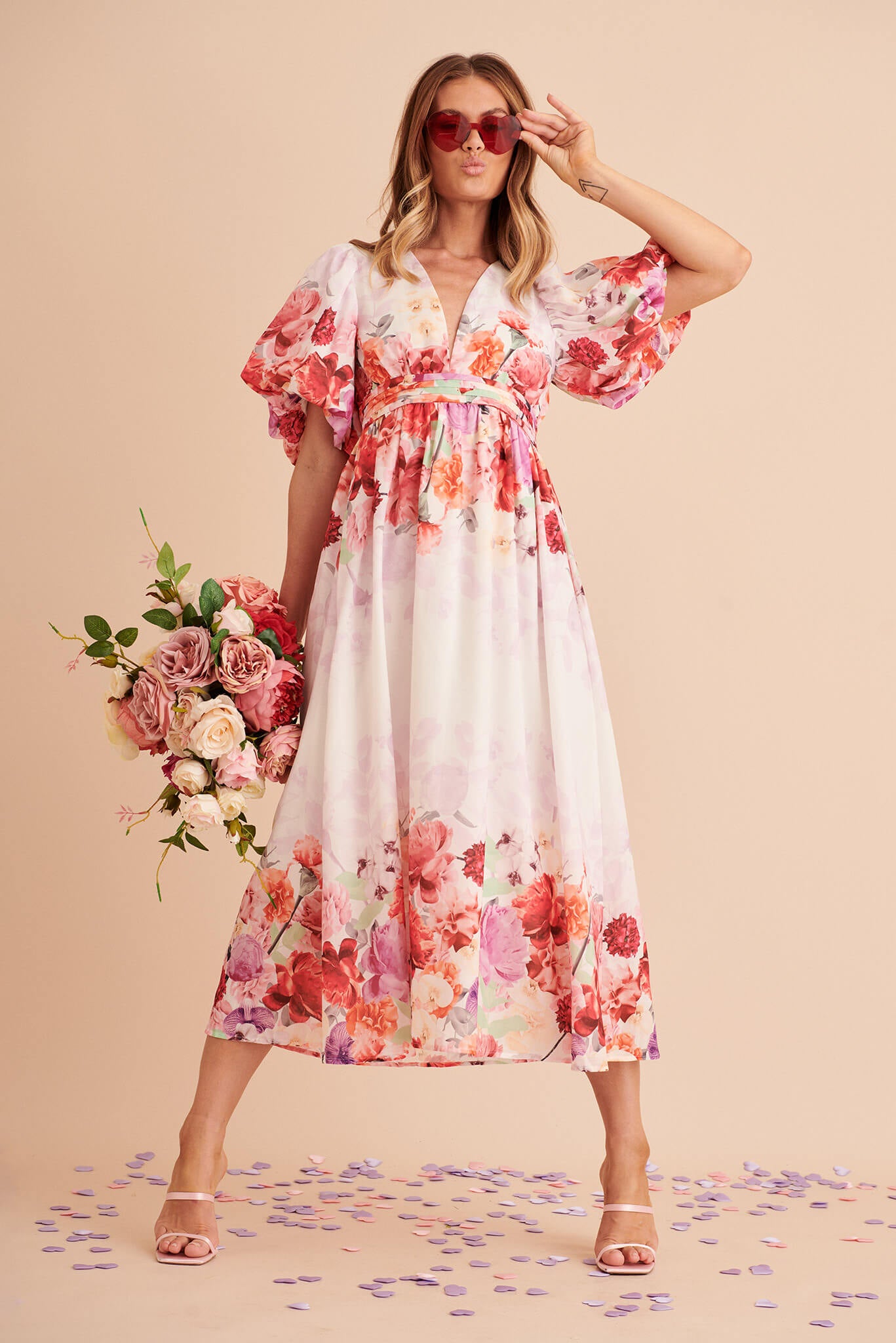 Divine Maxi Dress In White With Pink Multi Floral Print St Frock