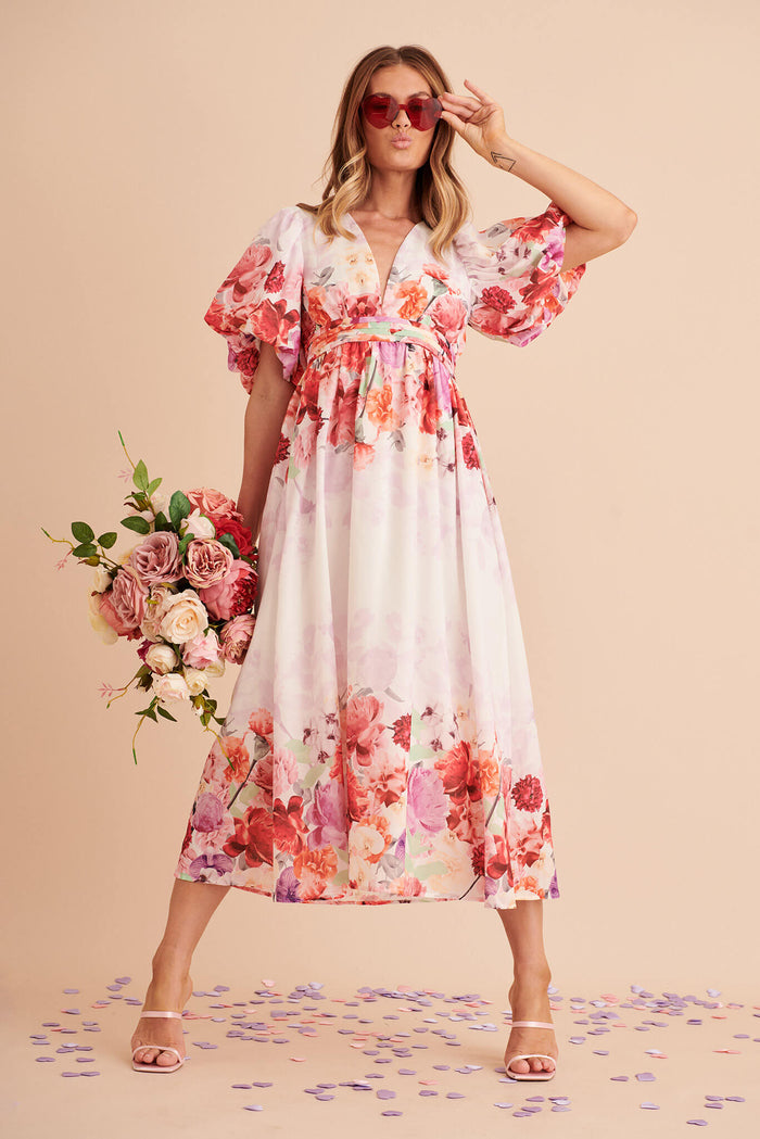 Divine Maxi Dress In White With Pink Multi Floral Print - full length