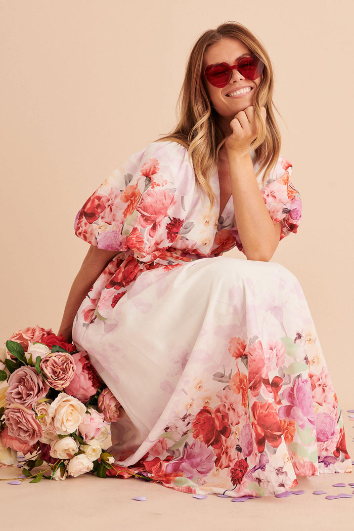 Divine Maxi Dress In White With Pink Multi Floral Print - sitting edm