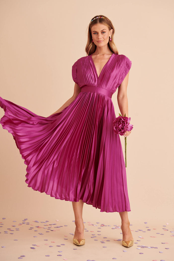 Anetta Midi Dress In Pleated Magenta Satin - full length edm