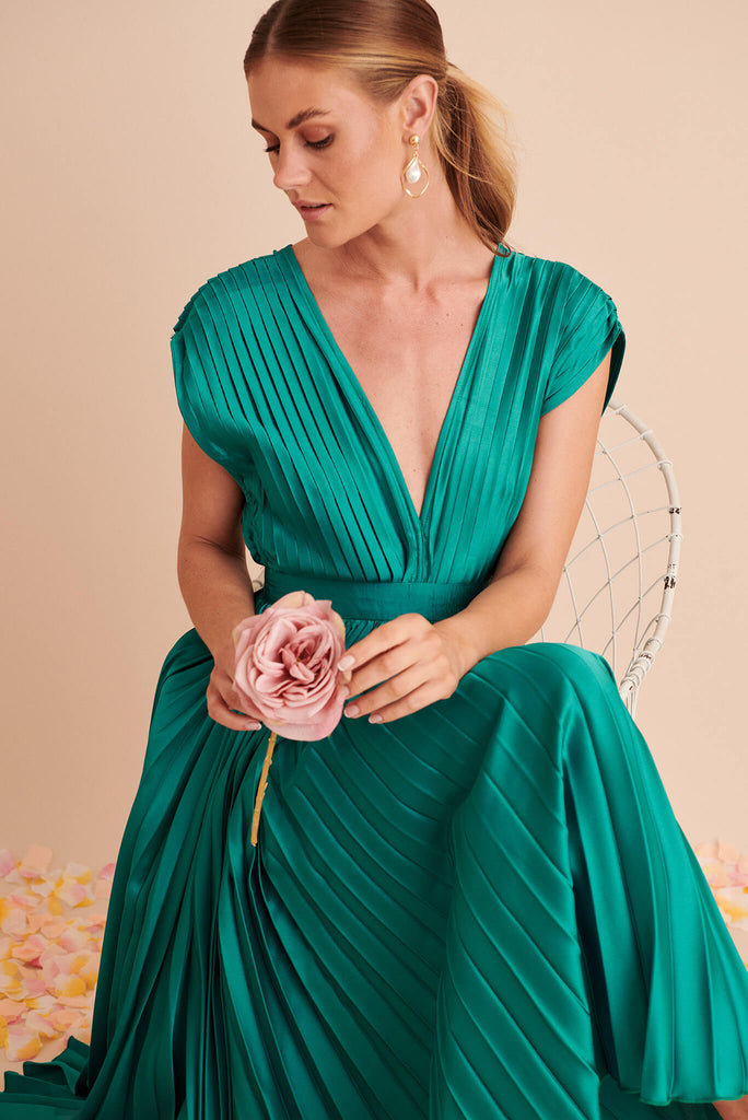 Anetta Midi Dress In Pleated Teal Satin - front