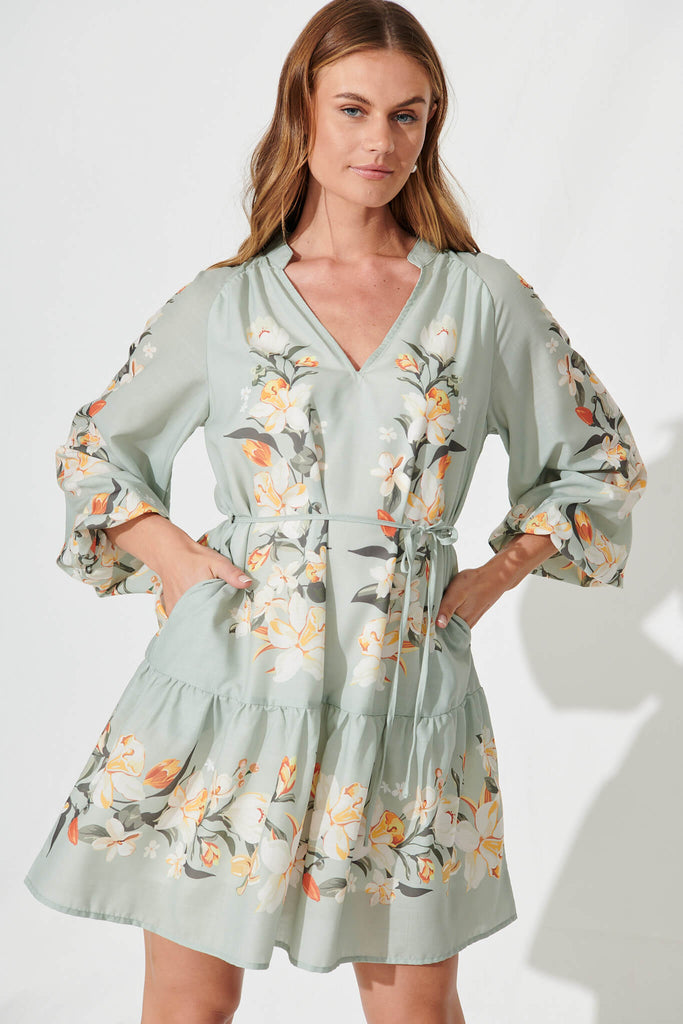 Niko Dress In Sage Green Placement Floral Cotton Blend - front