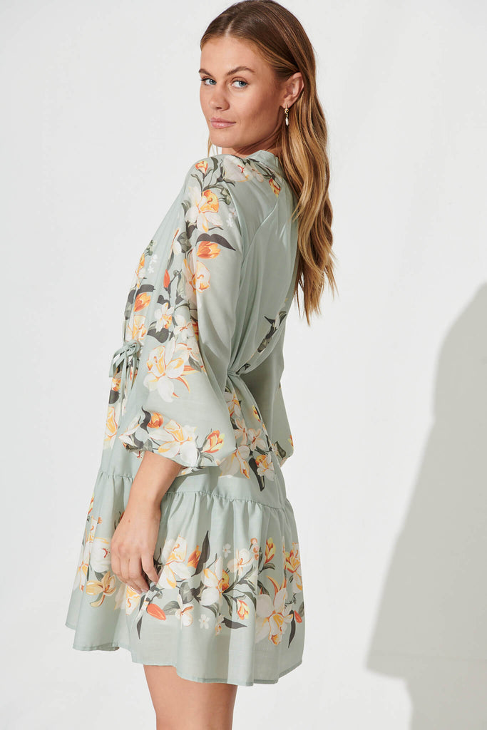 Niko Dress In Sage Green Placement Floral Cotton Blend - side