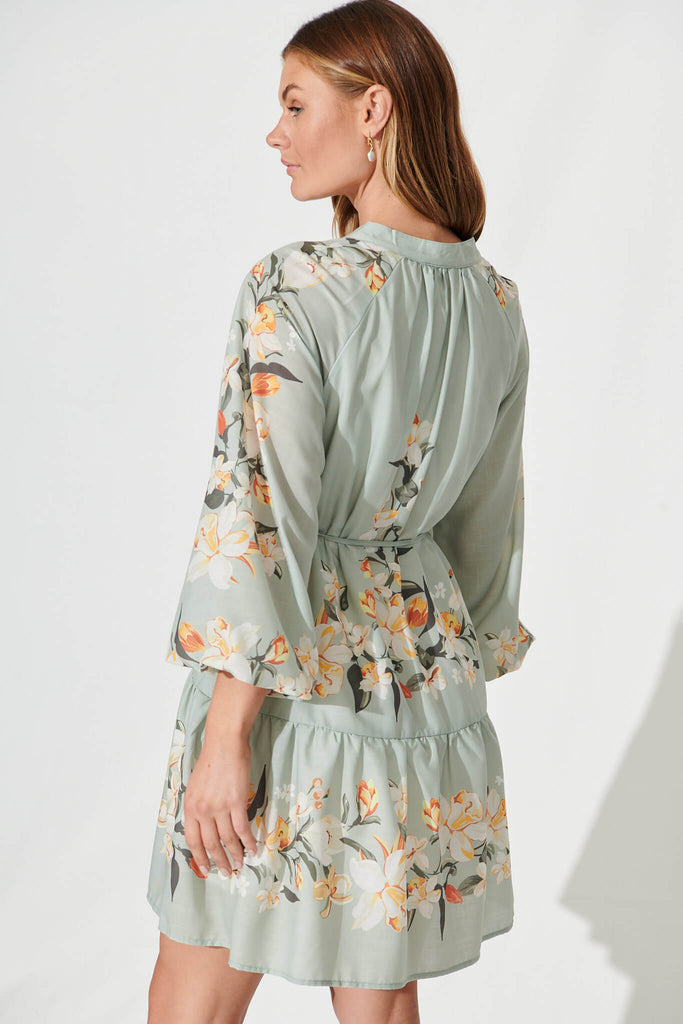 Niko Dress In Sage Green Placement Floral Cotton Blend - back