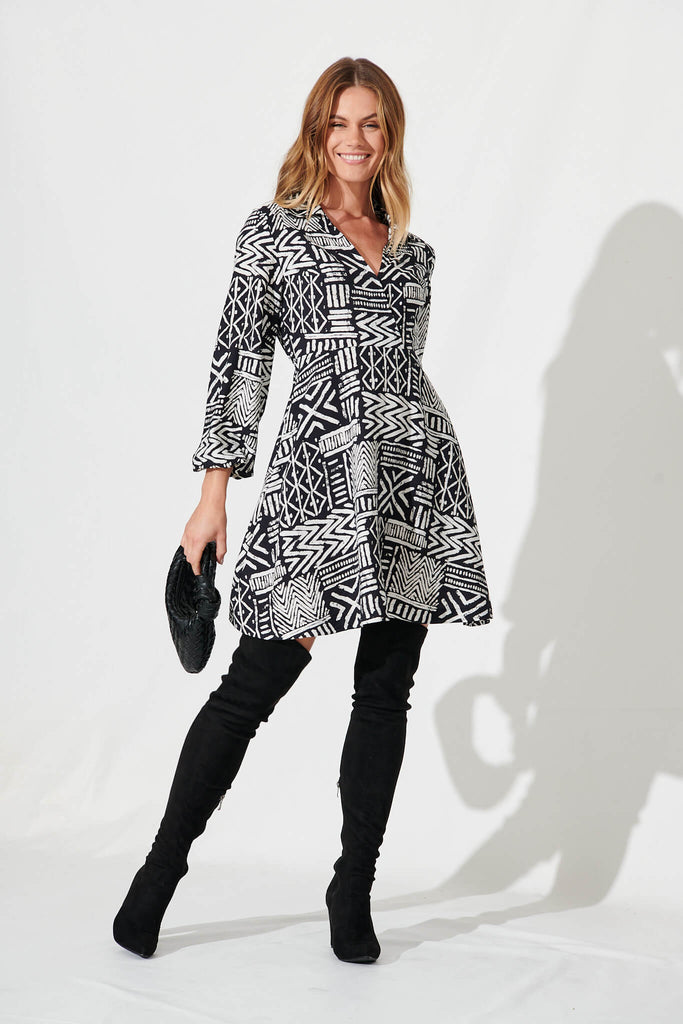 Wilma Dress In Black And White Geometric Print Cotton Blend - full length