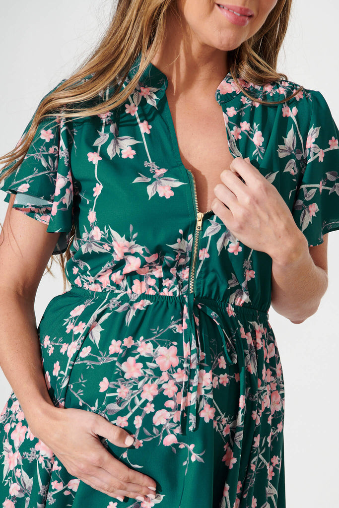 Paulina Dress In Teal With Pink Cherryblossom - detail