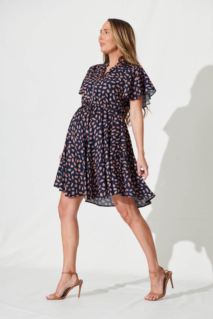 Paulina Dress In Navy With Rust Leaf - side