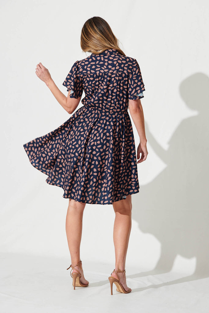 Paulina Dress In Navy With Rust Leaf - back