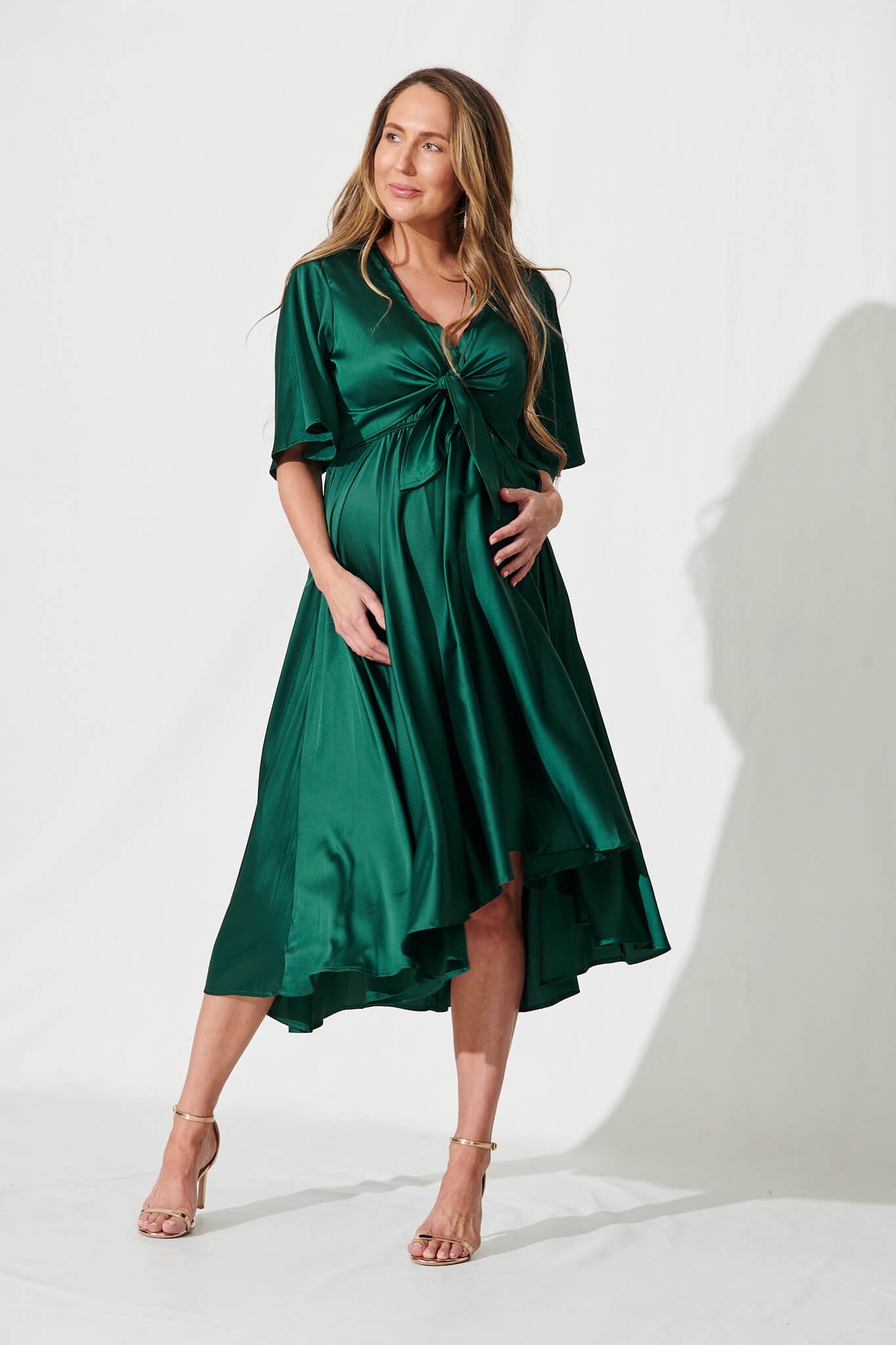Stockholm Dress In Emerald Green Satin - full length