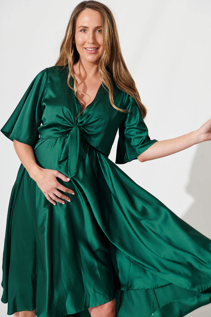 Stockholm Dress In Emerald Green Satin - front