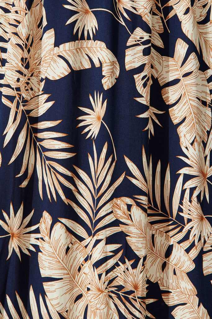 Moments Maxi Dress In Navy Leaf Print - fabric