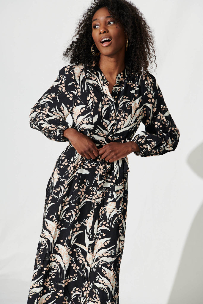 Lorie Maxi Shirt Dress In Black With Cream Leaf Cotton Blend - front
