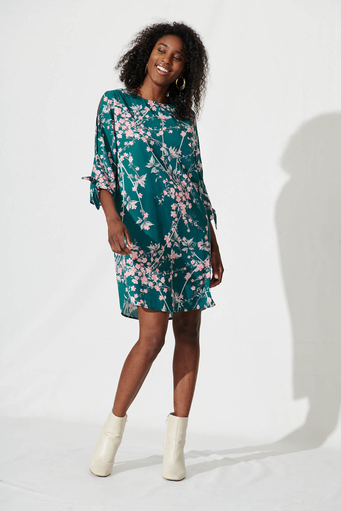 Wilder Shift Dress In Teal With Pink Cherry Blossom - full length