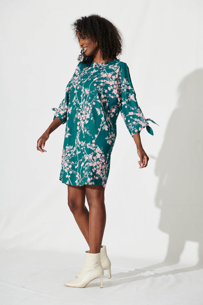 Wilder Shift Dress In Teal With Pink Cherry Blossom - side