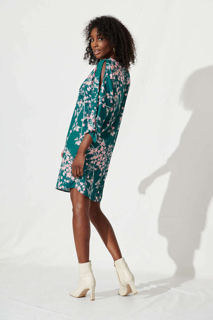 Wilder Shift Dress In Teal With Pink Cherry Blossom - side