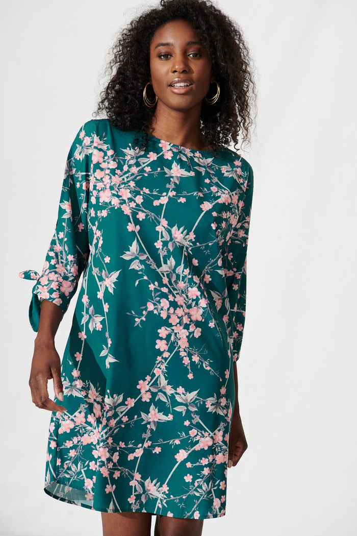 Wilder Shift Dress In Teal With Pink Cherry Blossom - front