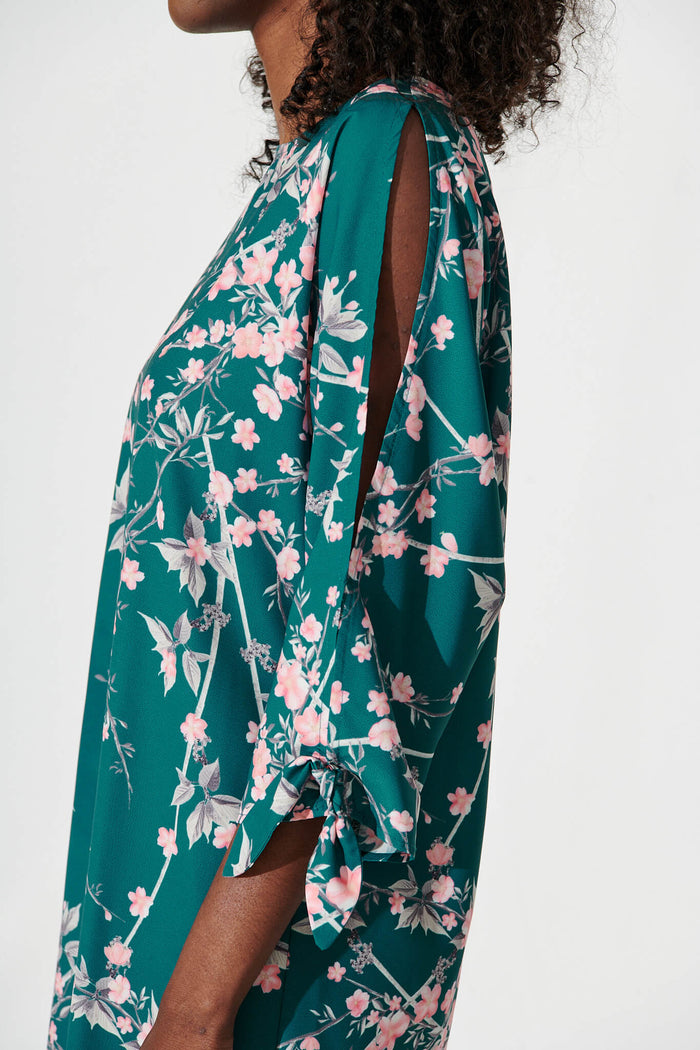 Wilder Shift Dress In Teal With Pink Cherry Blossom - detail