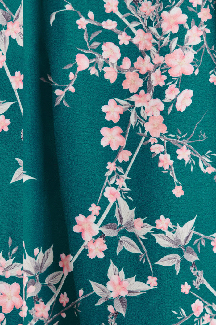 Wilder Shift Dress In Teal With Pink Cherry Blossom - fabric