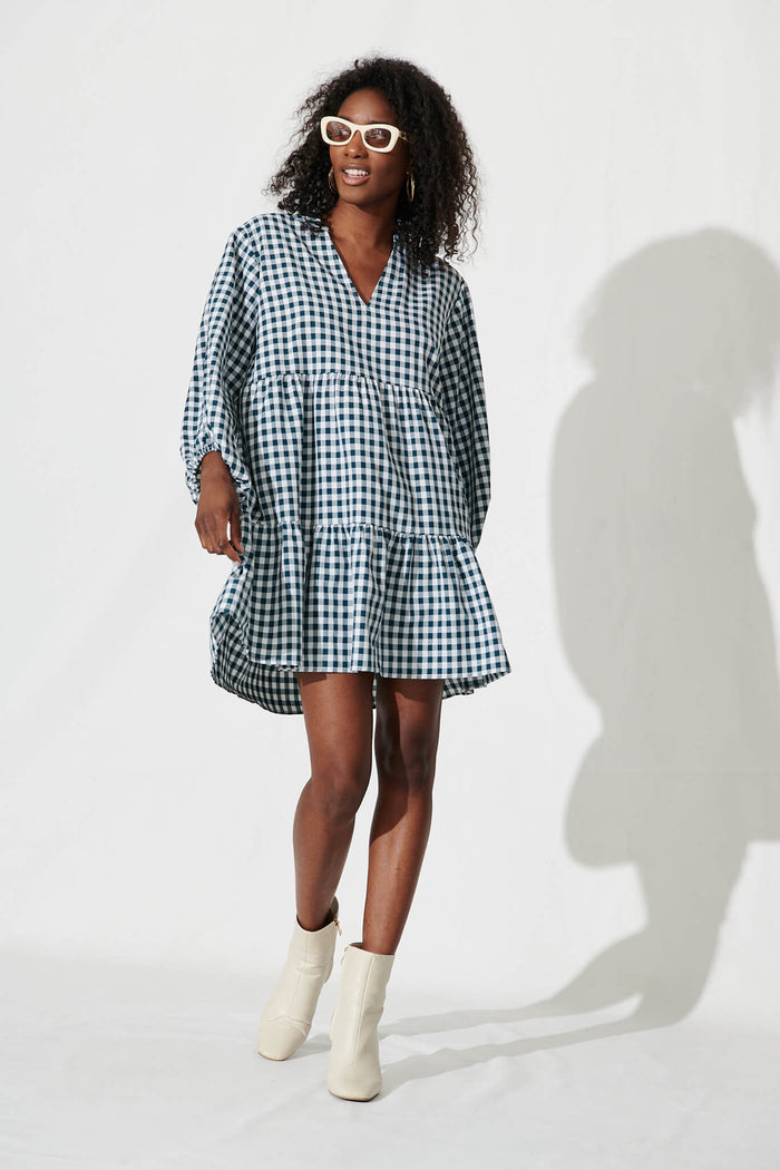 Ciaran Smock Dress In Emerald Gingham - full length