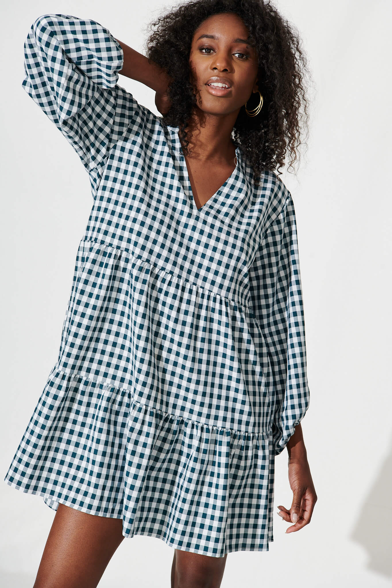Ciaran Smock Dress In Emerald Gingham - front