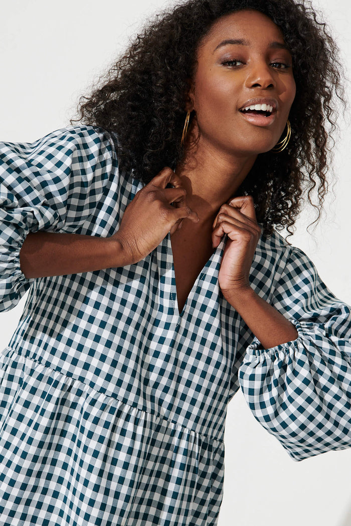 Ciaran Smock Dress In Emerald Gingham - detail