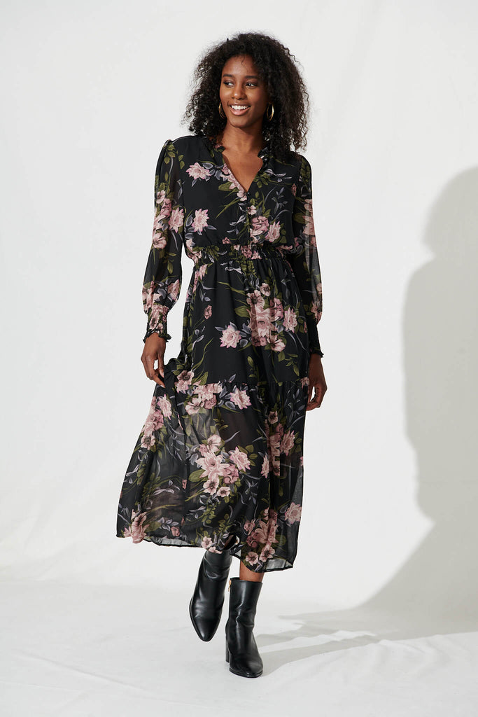 Taylor Maxi Dress In Black With Blush Floral Chiffon - full length