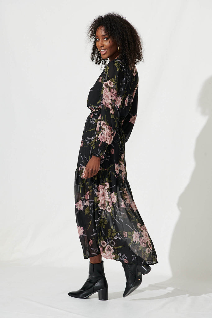 Taylor Maxi Dress In Black With Blush Floral Chiffon - side