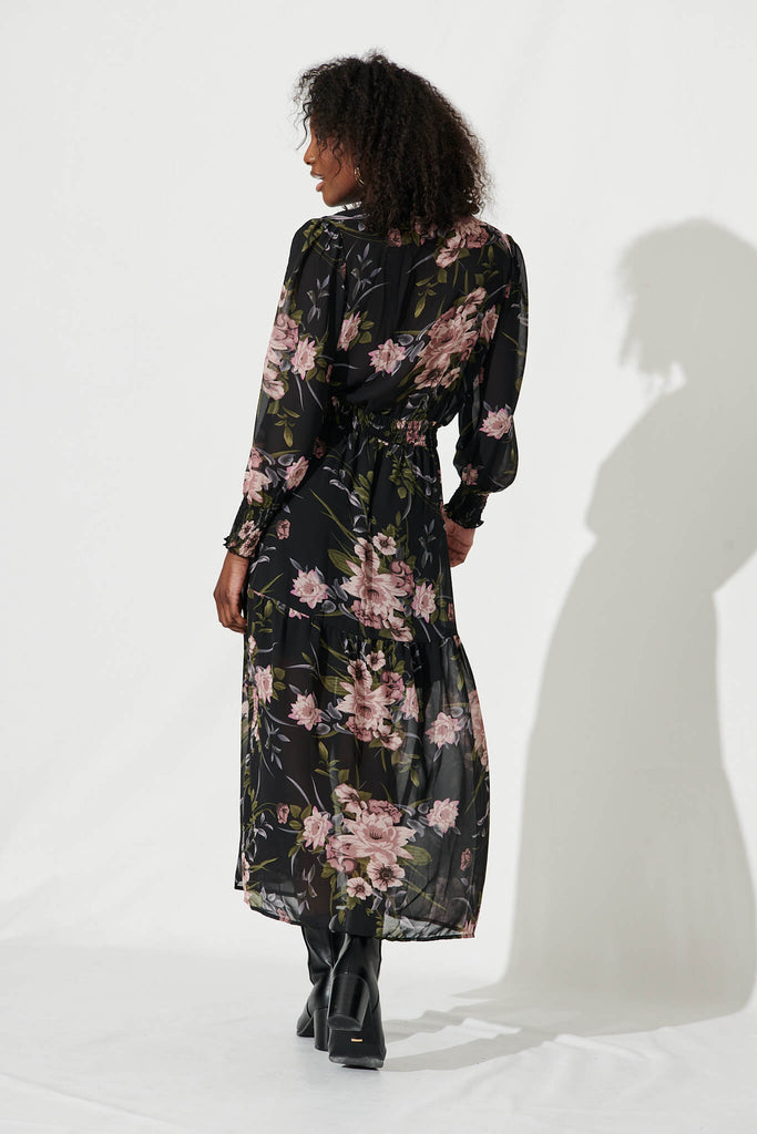 Taylor Maxi Dress In Black With Blush Floral Chiffon - back