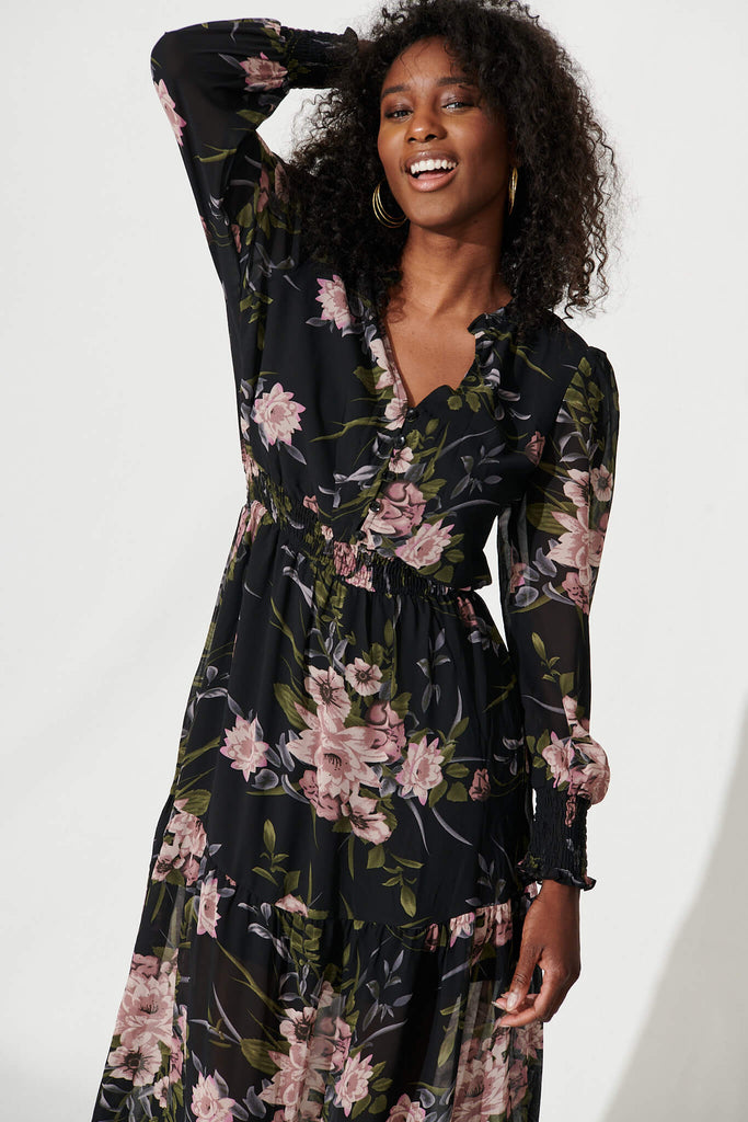 Taylor Maxi Dress In Black With Blush Floral Chiffon - front