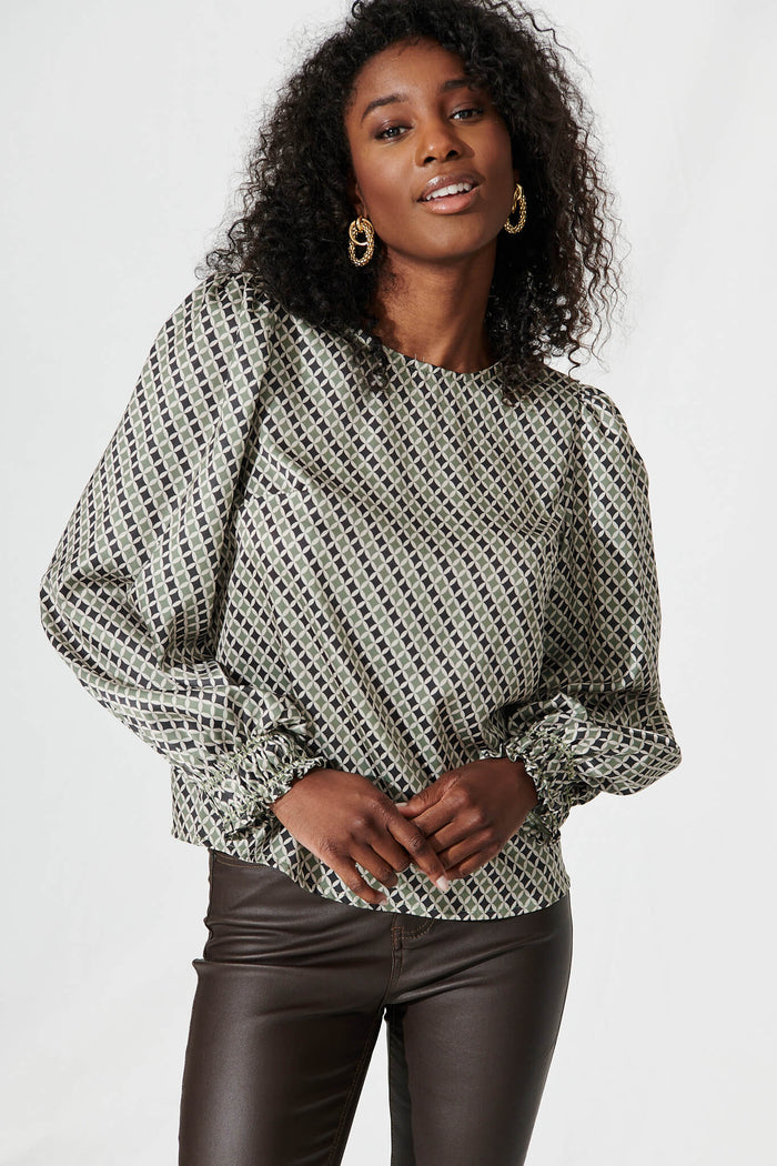 Johnson Top In Green Multi Geometric Print - front