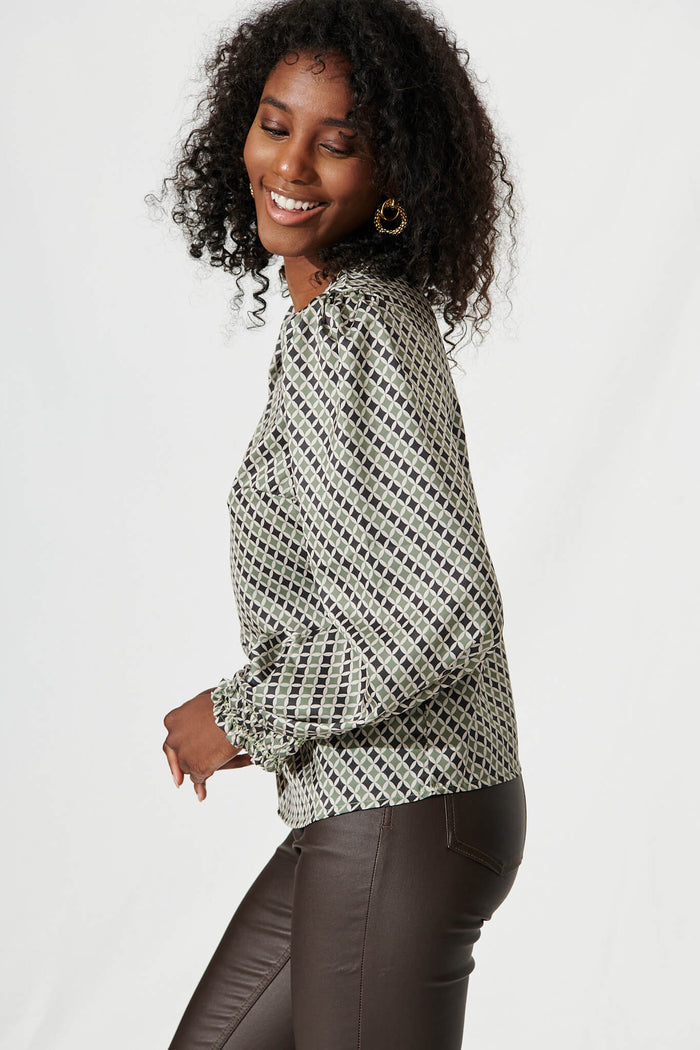 Johnson Top In Green Multi Geometric Print - side