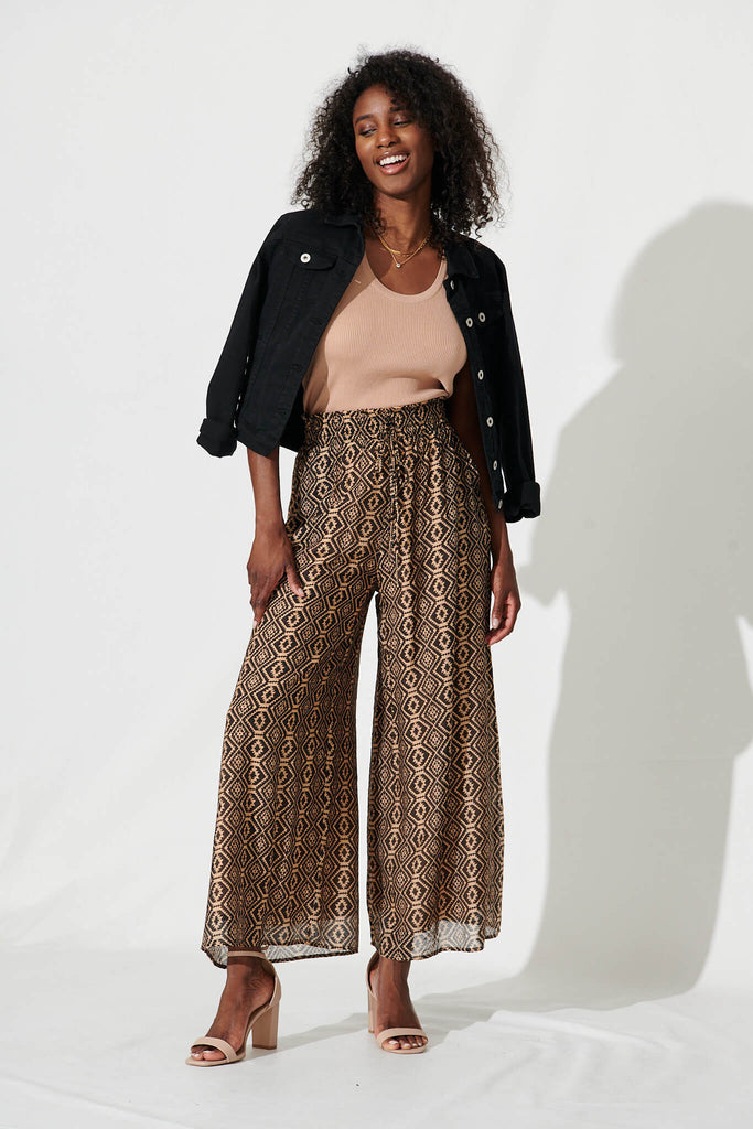 Goldie Wide Leg Pant In Black With Beige Print Cotton Blend - full length