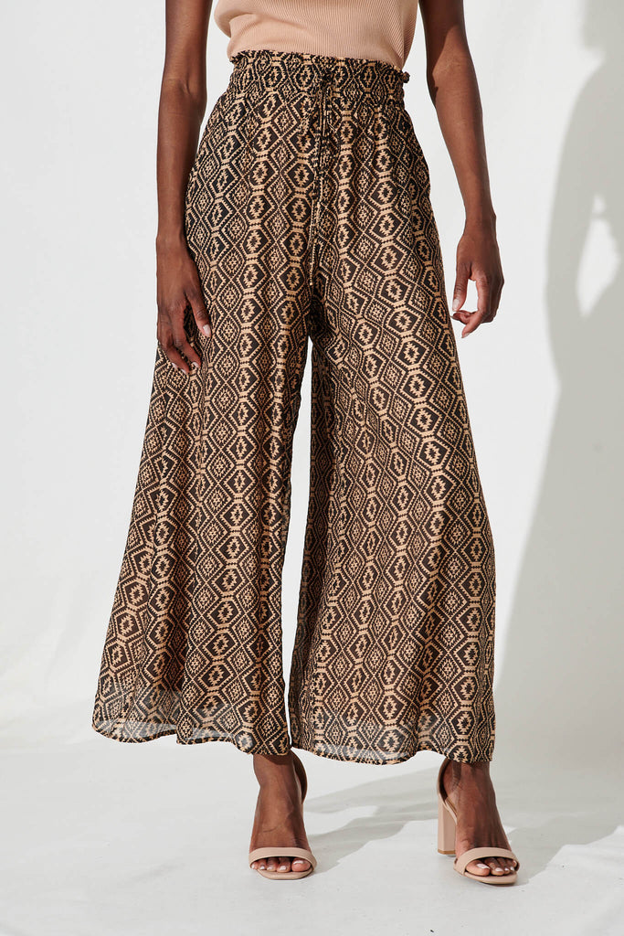 Goldie Wide Leg Pant In Black With Beige Print Cotton Blend - front