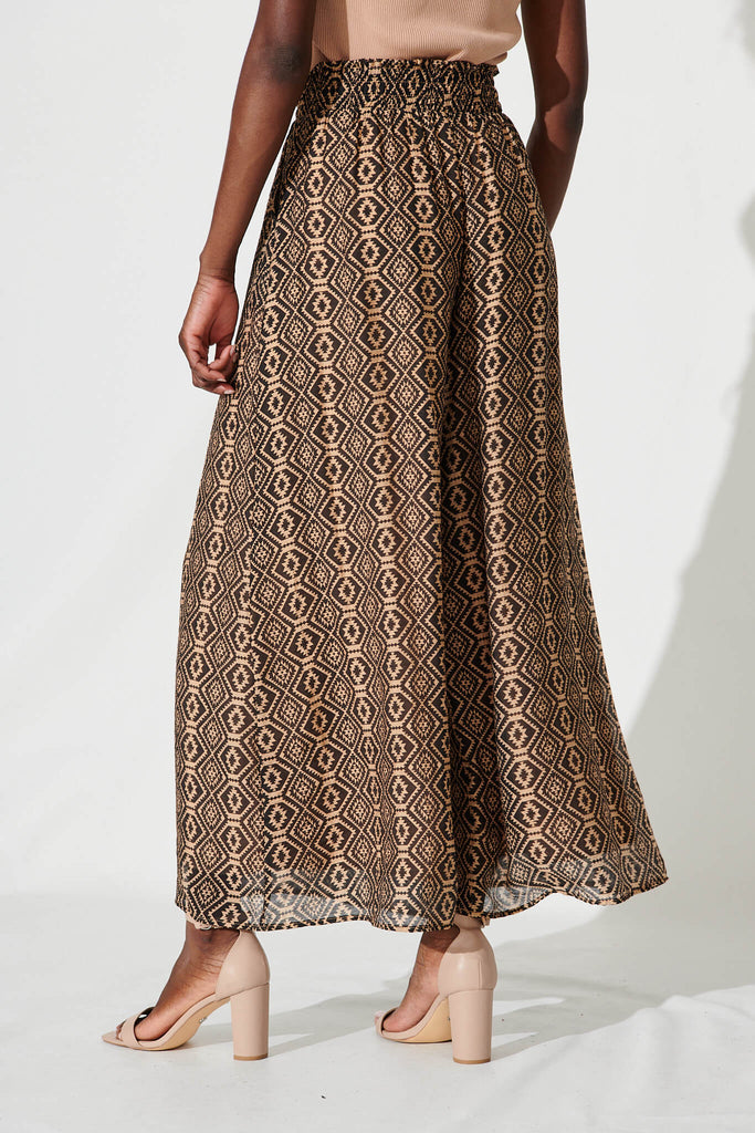 Goldie Wide Leg Pant In Black With Beige Print Cotton Blend - back