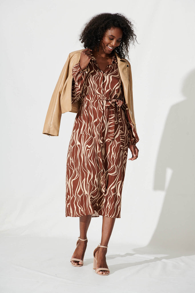 Pam Midi Shirt Dress In Chocolate And Champagne Cotton Blend - full length
