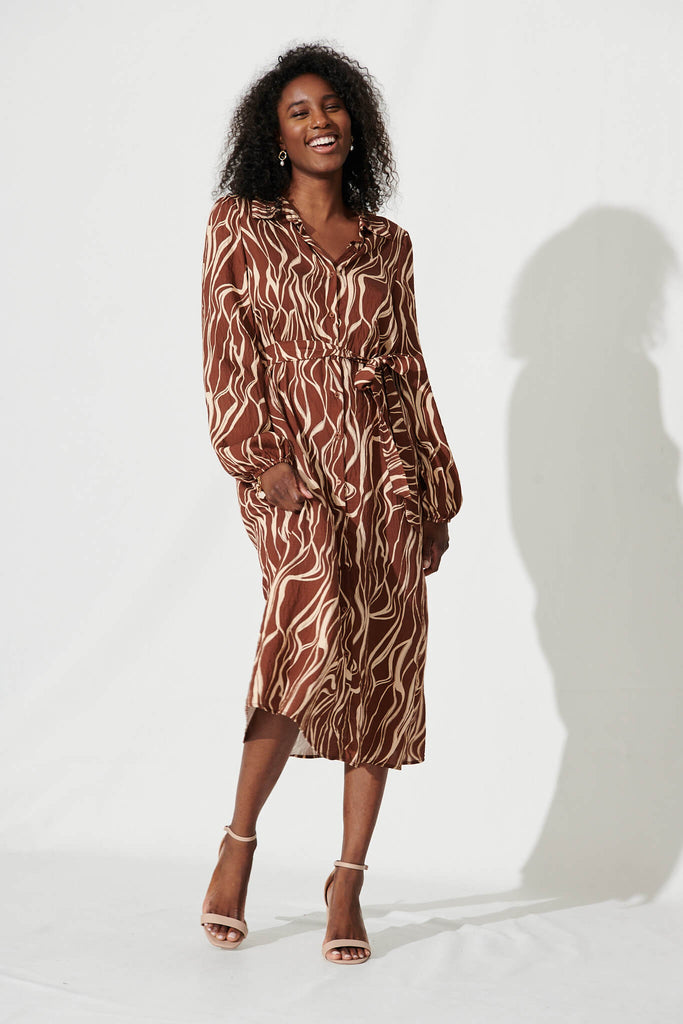 Pam Midi Shirt Dress In Chocolate And Champagne Cotton Blend - full length