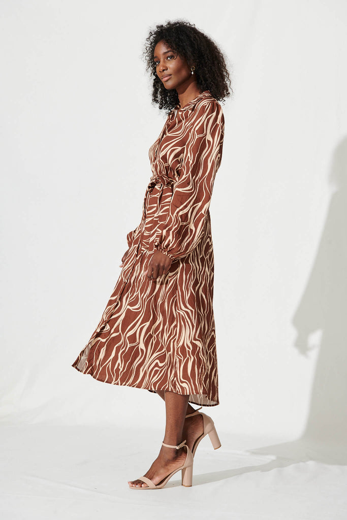 Pam Midi Shirt Dress In Chocolate And Champagne Cotton Blend - side