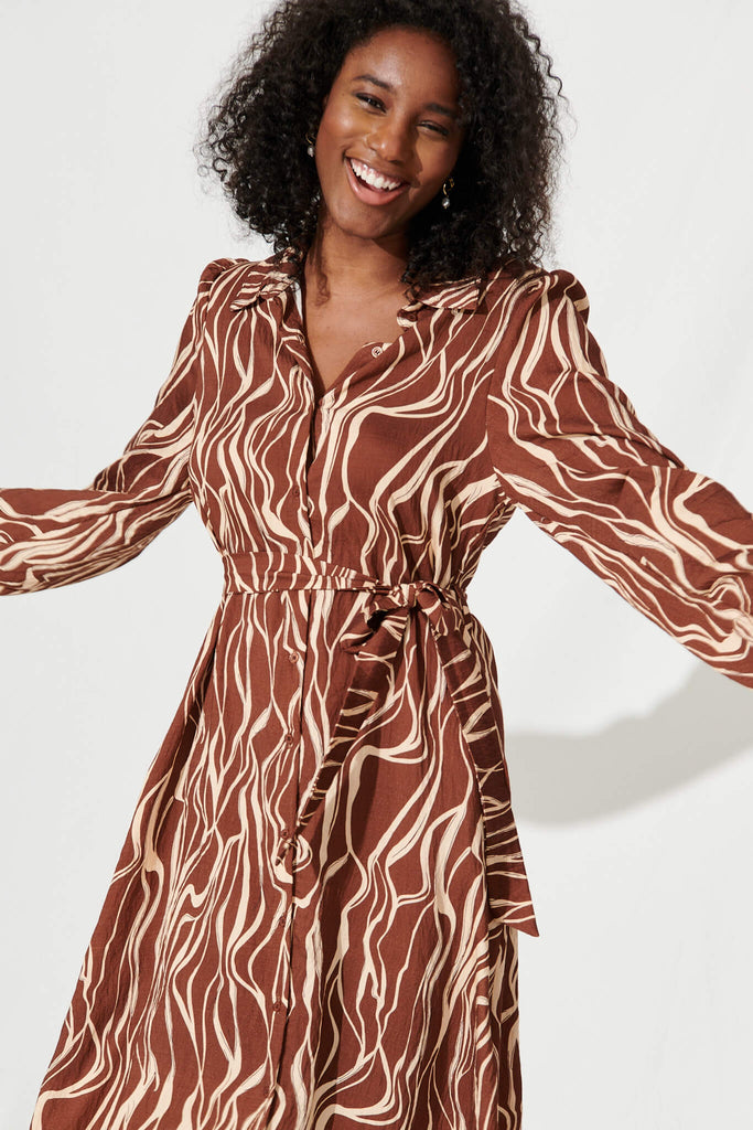 Pam Midi Shirt Dress In Chocolate And Champagne Cotton Blend - front